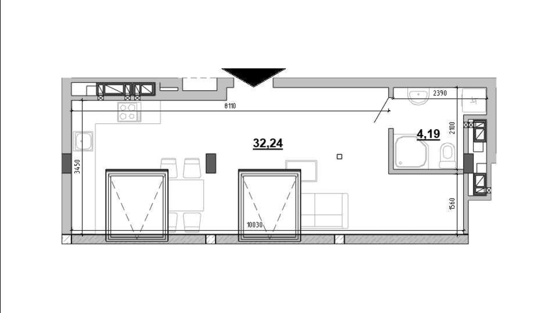 Планування 1-кімнатної квартири в Клубний будинок Hyde Park 35.7 м², фото 647994