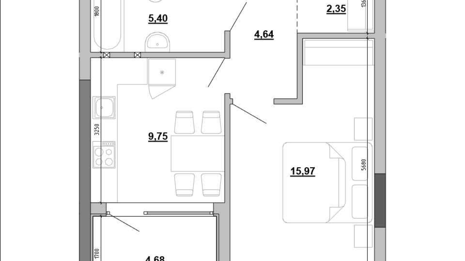 Планування 1-кімнатної квартири в Клубний будинок Hyde Park 41.5 м², фото 647995