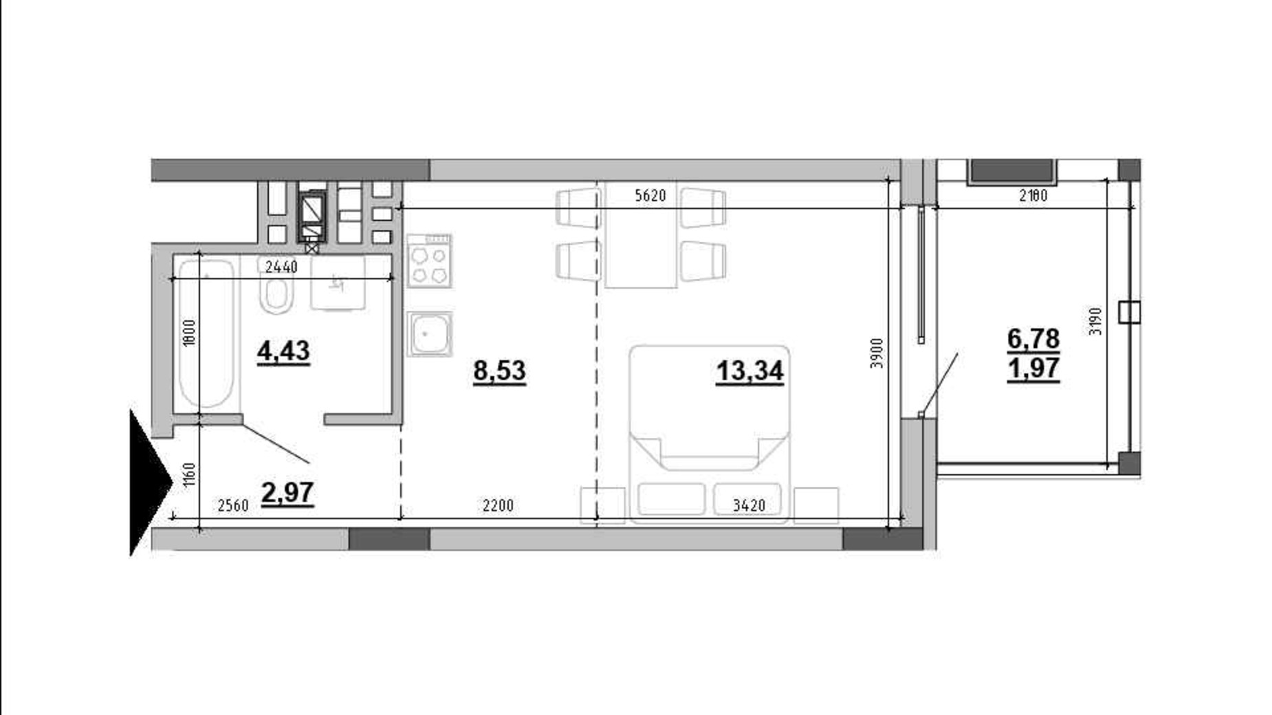 Планировка 1-комнатной квартиры в Клубный дом Hyde Park 30.39 м², фото 647996