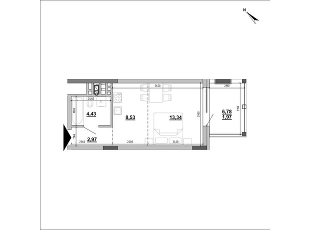 Клубный дом Hyde Park: планировка 1-комнатной квартиры 30.39 м²