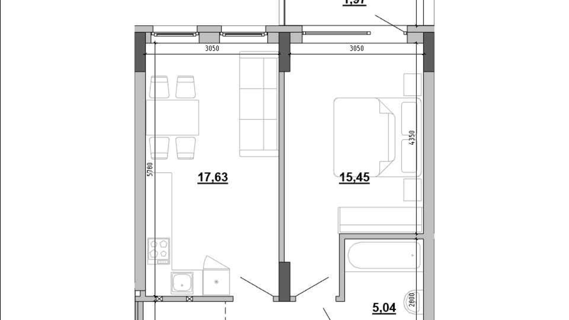 Планировка 1-комнатной квартиры в Клубный дом Hyde Park 45.67 м², фото 647998
