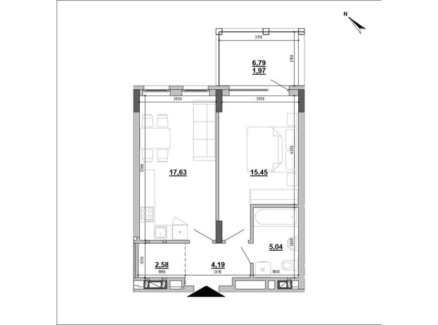 Клубный дом Hyde Park: планировка 1-комнатной квартиры 45.67 м²
