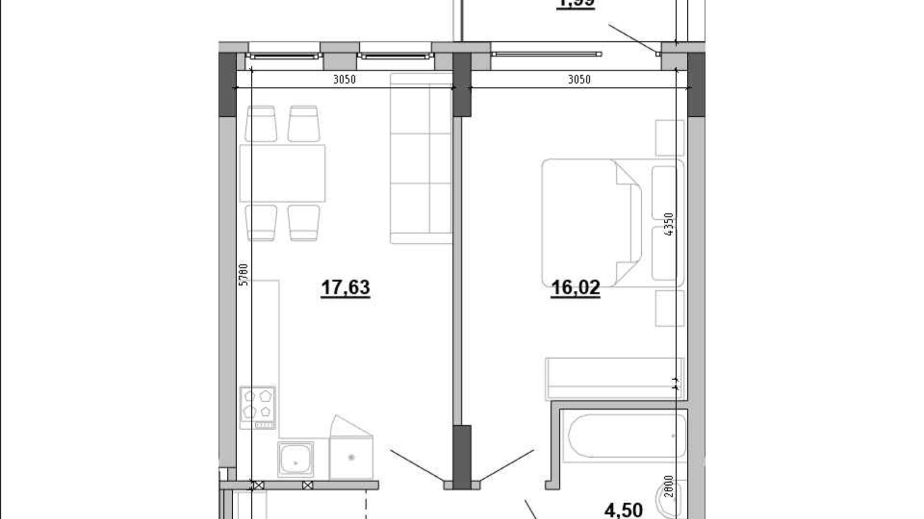 Планування 1-кімнатної квартири в Клубний будинок Hyde Park 45.73 м², фото 647999