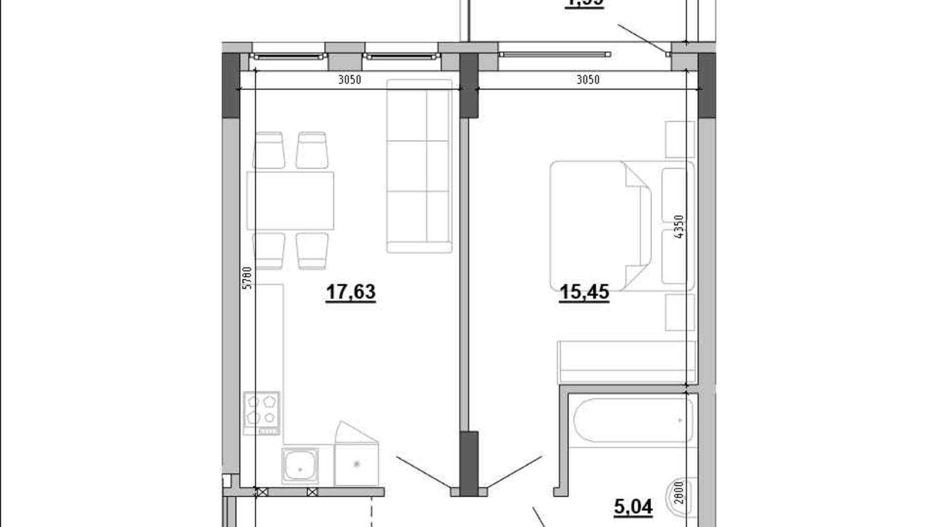 Планировка 1-комнатной квартиры в Клубный дом Hyde Park 45.69 м², фото 648002