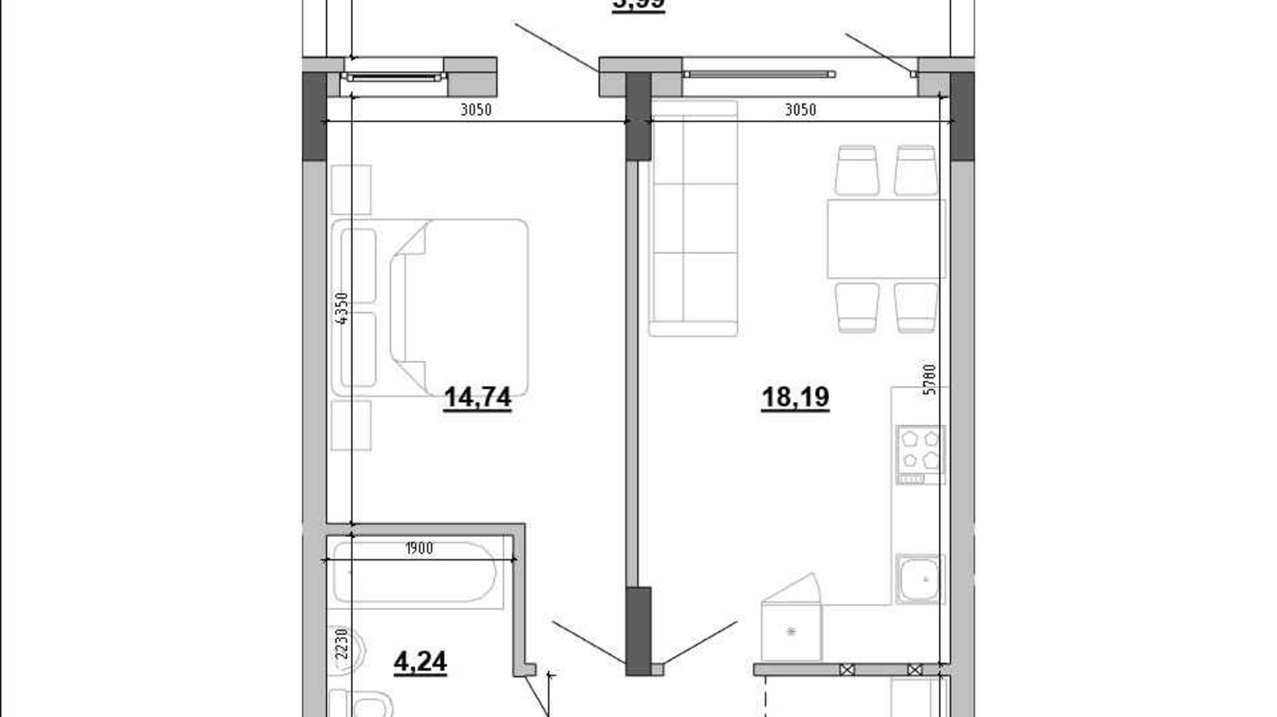 Планування 1-кімнатної квартири в Клубний будинок Hyde Park 46.52 м², фото 648003
