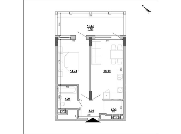 Клубный дом Hyde Park: планировка 1-комнатной квартиры 46.52 м²
