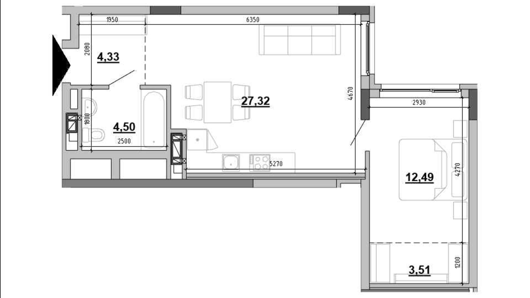 Планировка 1-комнатной квартиры в Клубный дом Hyde Park 50.9 м², фото 648004
