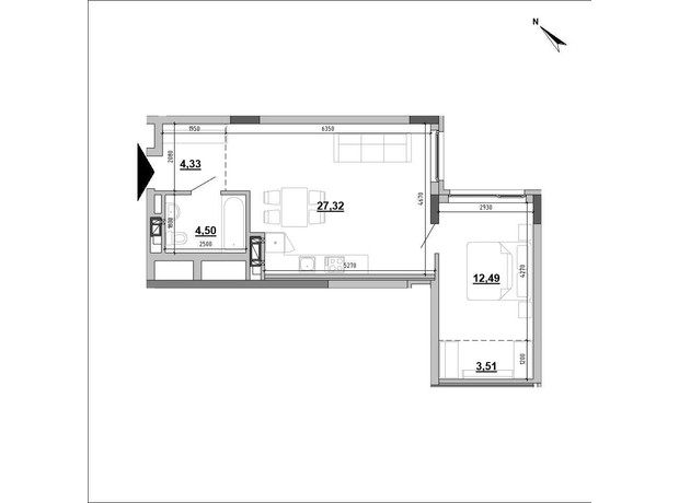 Клубный дом Hyde Park: планировка 1-комнатной квартиры 50.9 м²