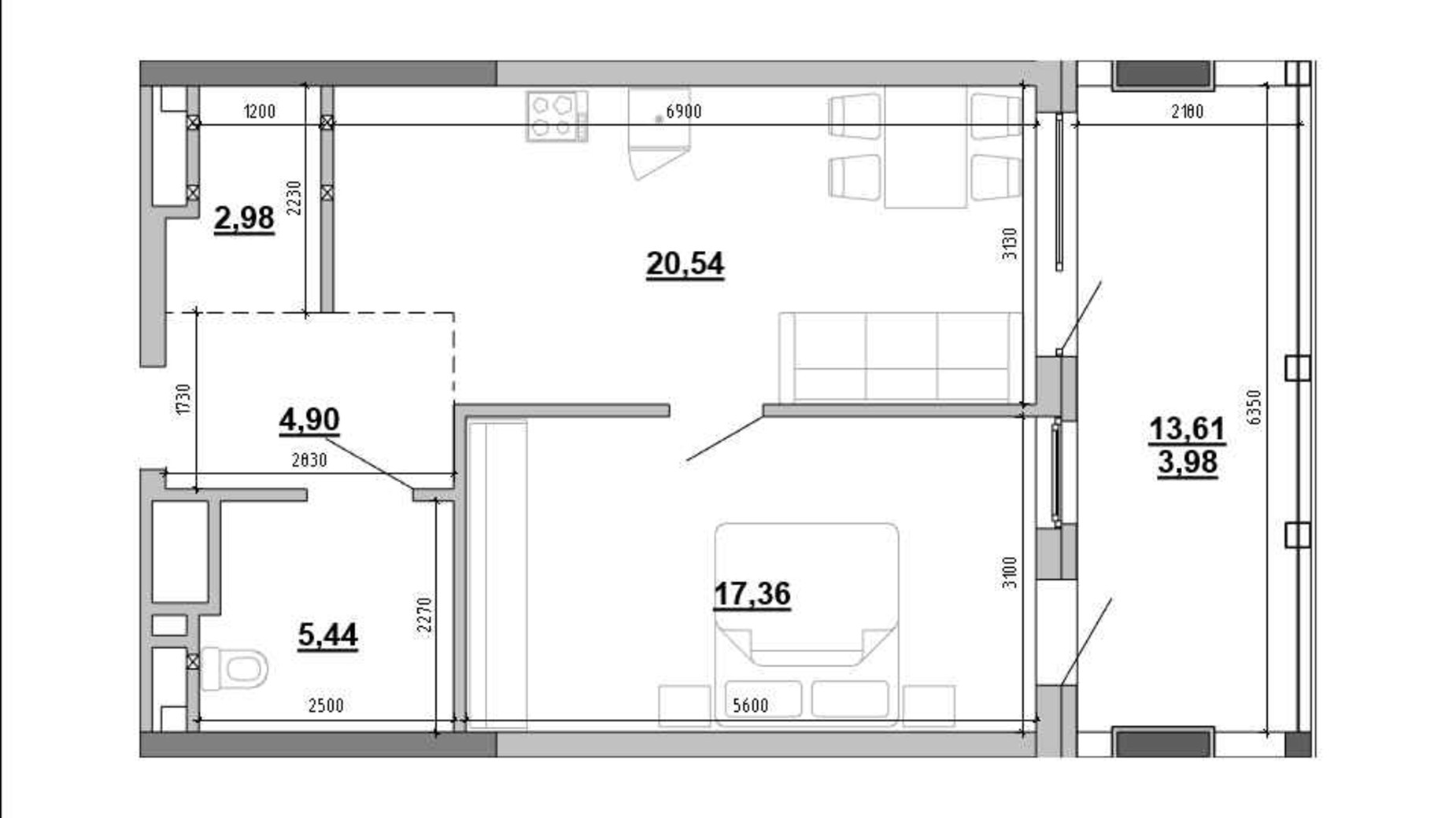 Планування 1-кімнатної квартири в Клубний будинок Hyde Park 53.92 м², фото 648005