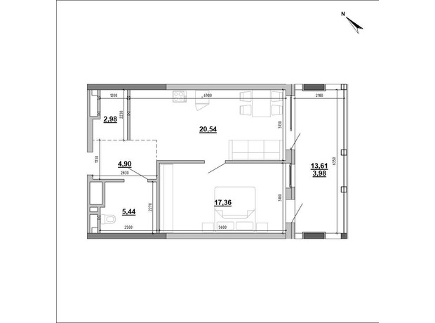 Клубний будинок Hyde Park: планування 1-кімнатної квартири 53.92 м²