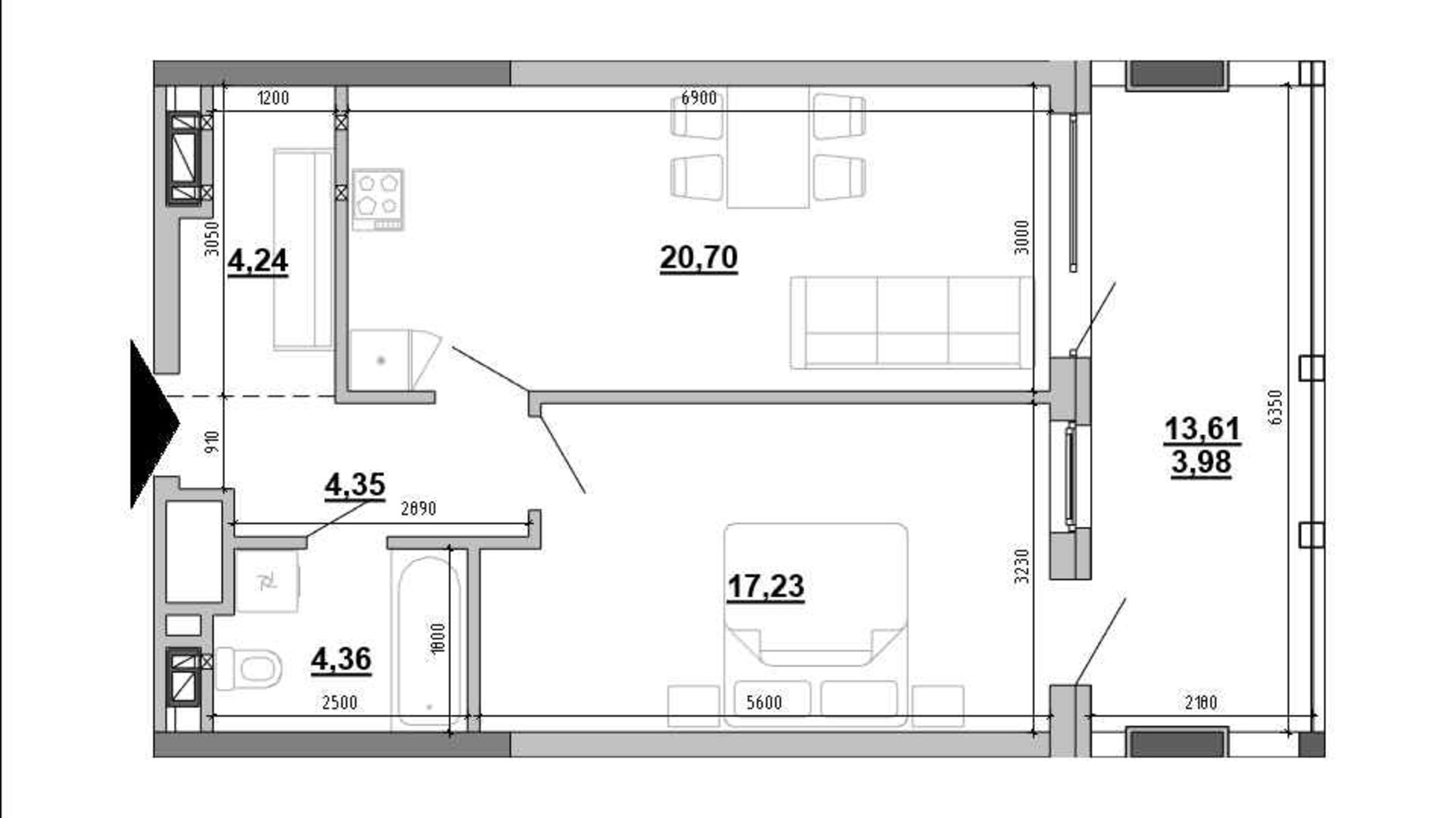 Планування 1-кімнатної квартири в Клубний будинок Hyde Park 53.57 м², фото 648008