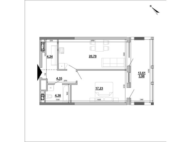 Клубний будинок Hyde Park: планування 1-кімнатної квартири 53.57 м²