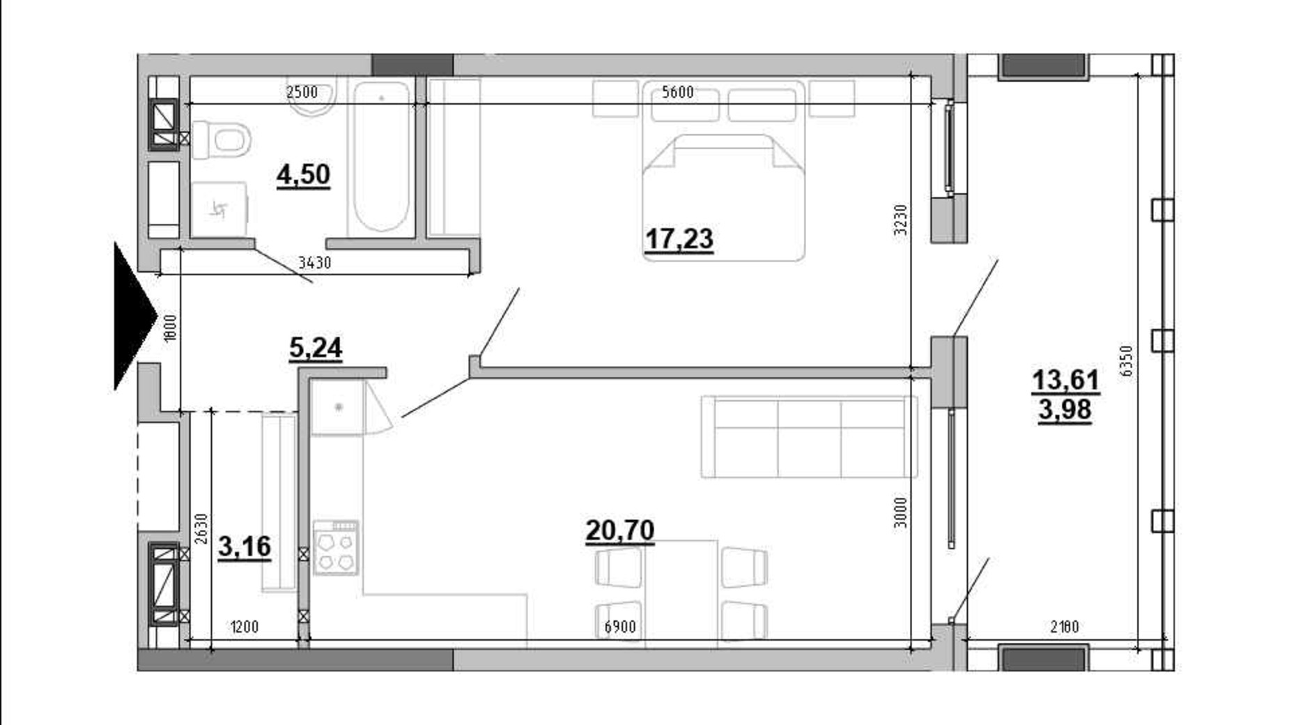 Планування 1-кімнатної квартири в Клубний будинок Hyde Park 53.53 м², фото 648013