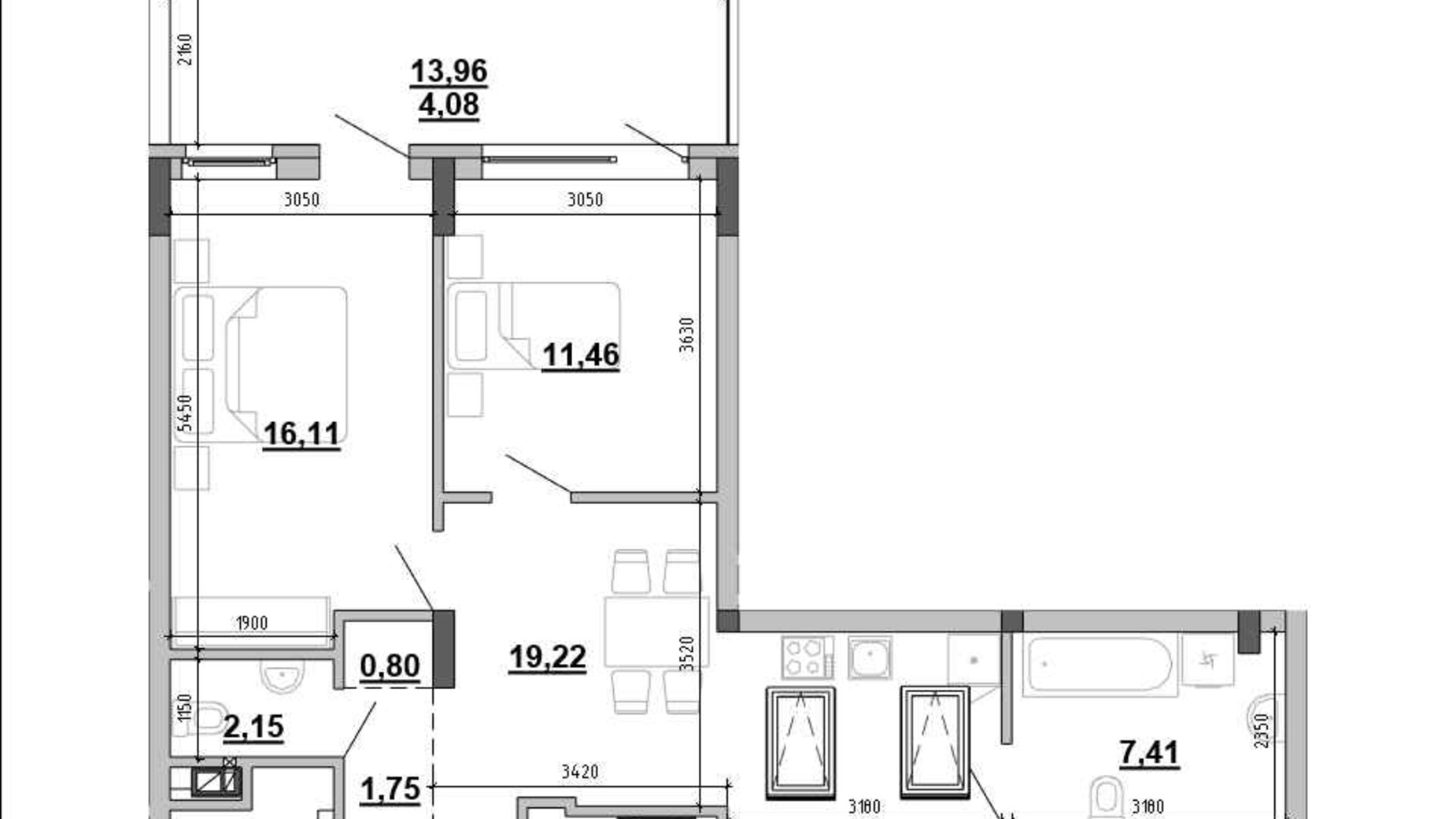 Планировка 2-комнатной квартиры в Клубный дом Hyde Park 61.4 м², фото 648014