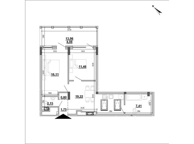 Клубный дом Hyde Park: планировка 2-комнатной квартиры 61.4 м²