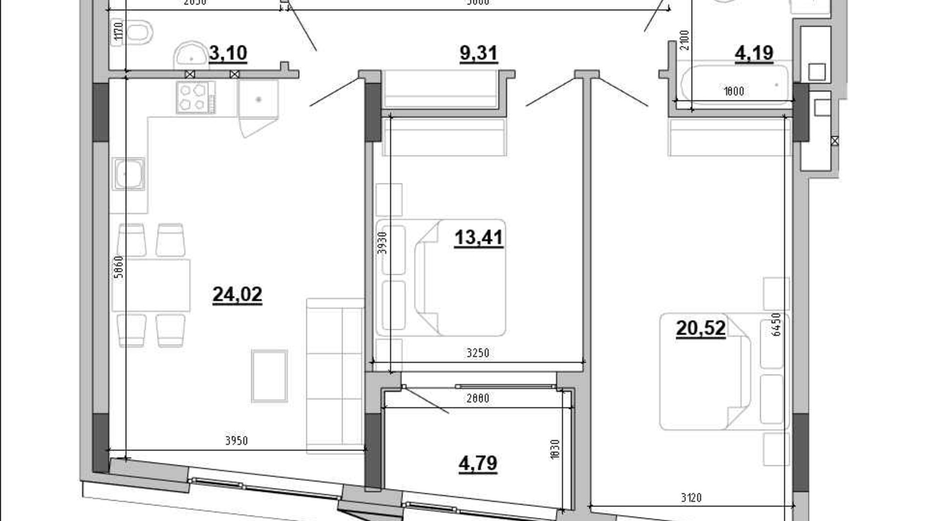 Планування 2-кімнатної квартири в Клубний будинок Hyde Park 77.37 м², фото 648017