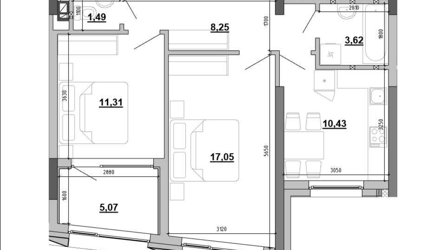 Планування 2-кімнатної квартири в Клубний будинок Hyde Park 55.6 м², фото 648018