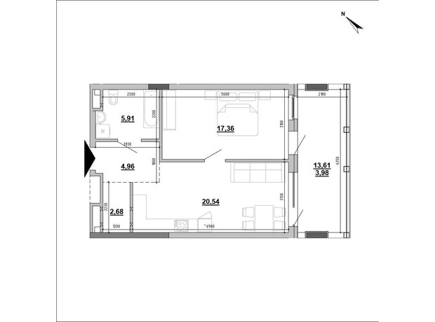 Клубний будинок Hyde Park: планування 1-кімнатної квартири 54.15 м²
