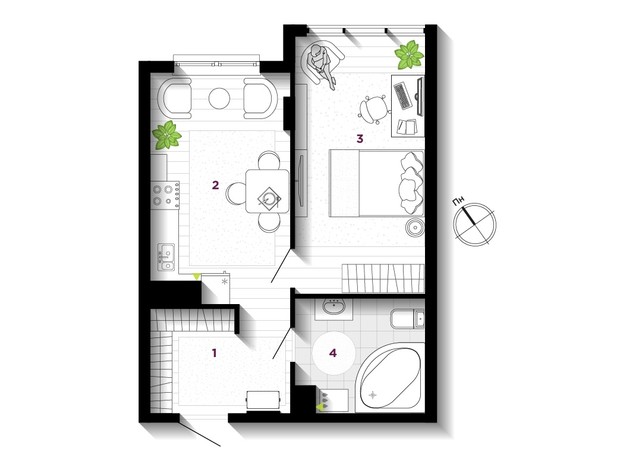 ЖК U One: планування 1-кімнатної квартири 44 м²