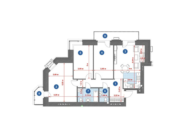 ЖК City Park: планировка 3-комнатной квартиры 109.21 м²