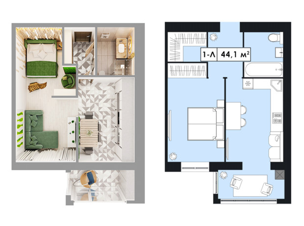 ЖК Щасливий у Дніпрі: планування 1-кімнатної квартири 44.1 м²