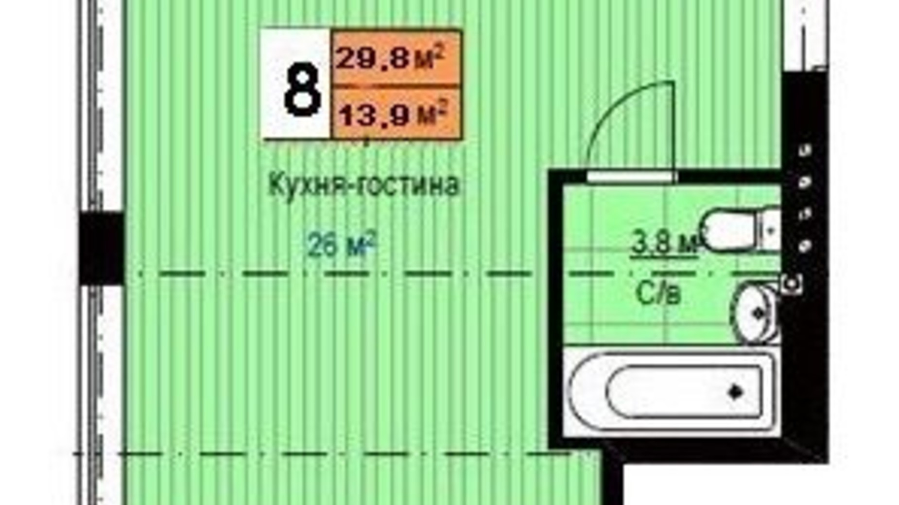 Планування 1-кімнатної квартири в Клубний будинок  Моя Баварія 29.8 м², фото 649004