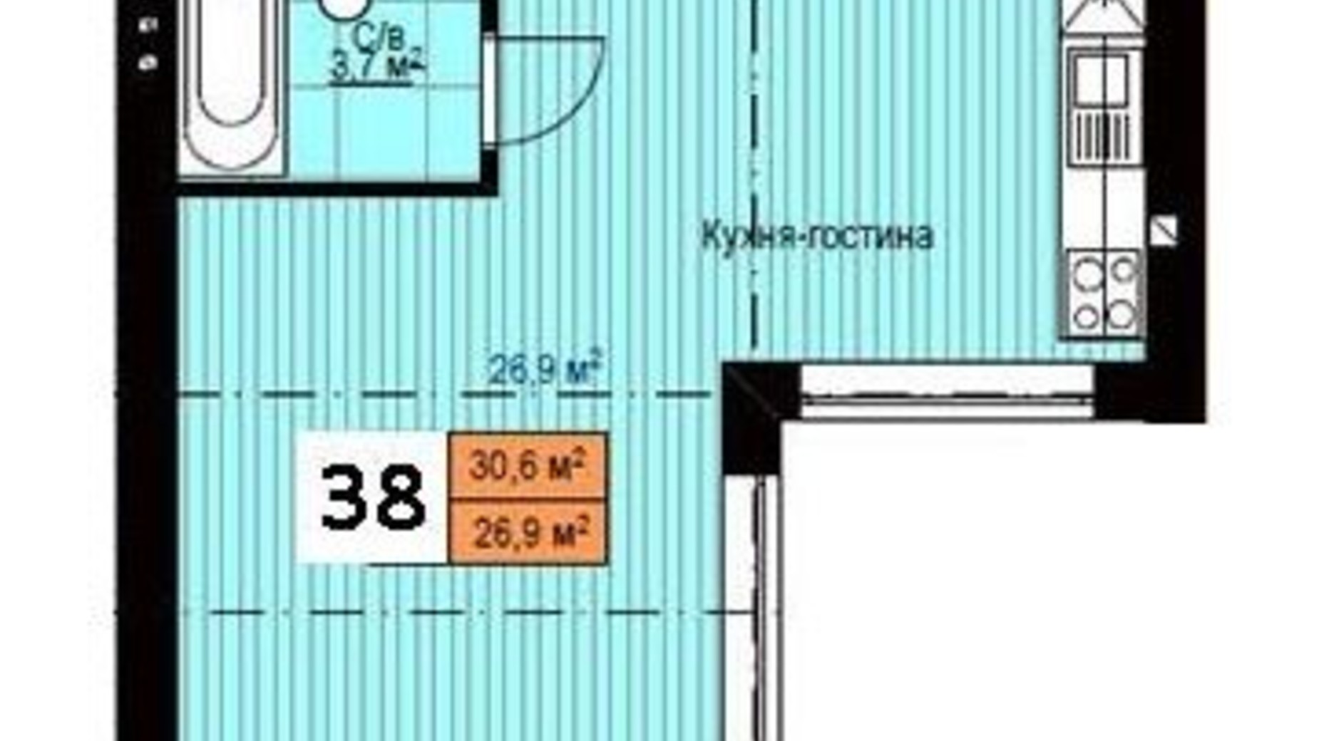 Планировка 1-комнатной квартиры в Клубный дом  Моя Бавария 30.6 м², фото 649005