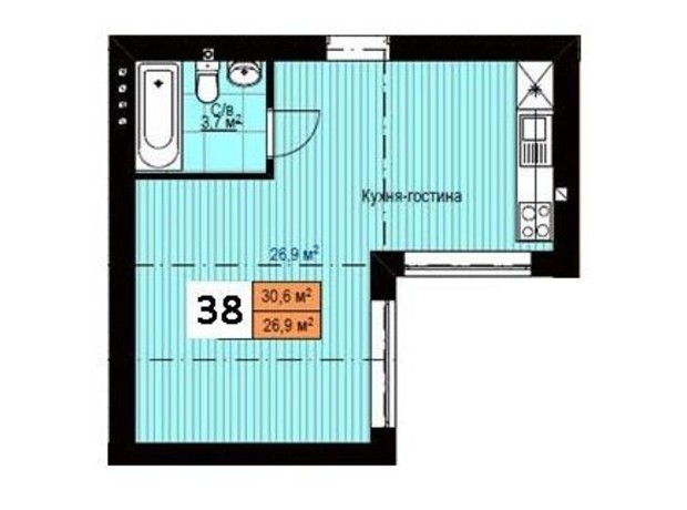 Клубный дом  Моя Бавария: планировка 1-комнатной квартиры 30.6 м²