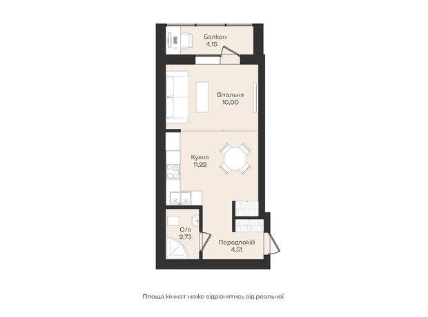 ЖК Левобережный: планировка 1-комнатной квартиры 33.4 м²