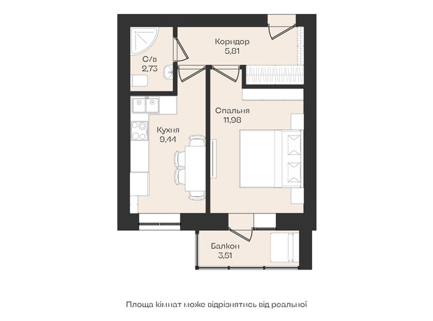 Клубный дом Левобережный: планировка 1-комнатной квартиры 35.1 м²