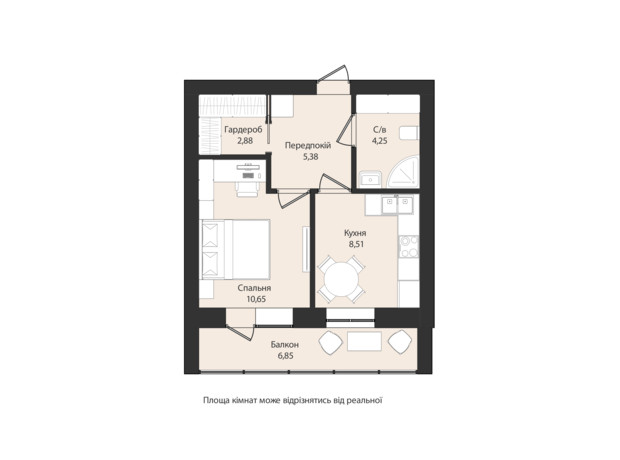 ЖК Лівобережний: планування 1-кімнатної квартири 40.3 м²