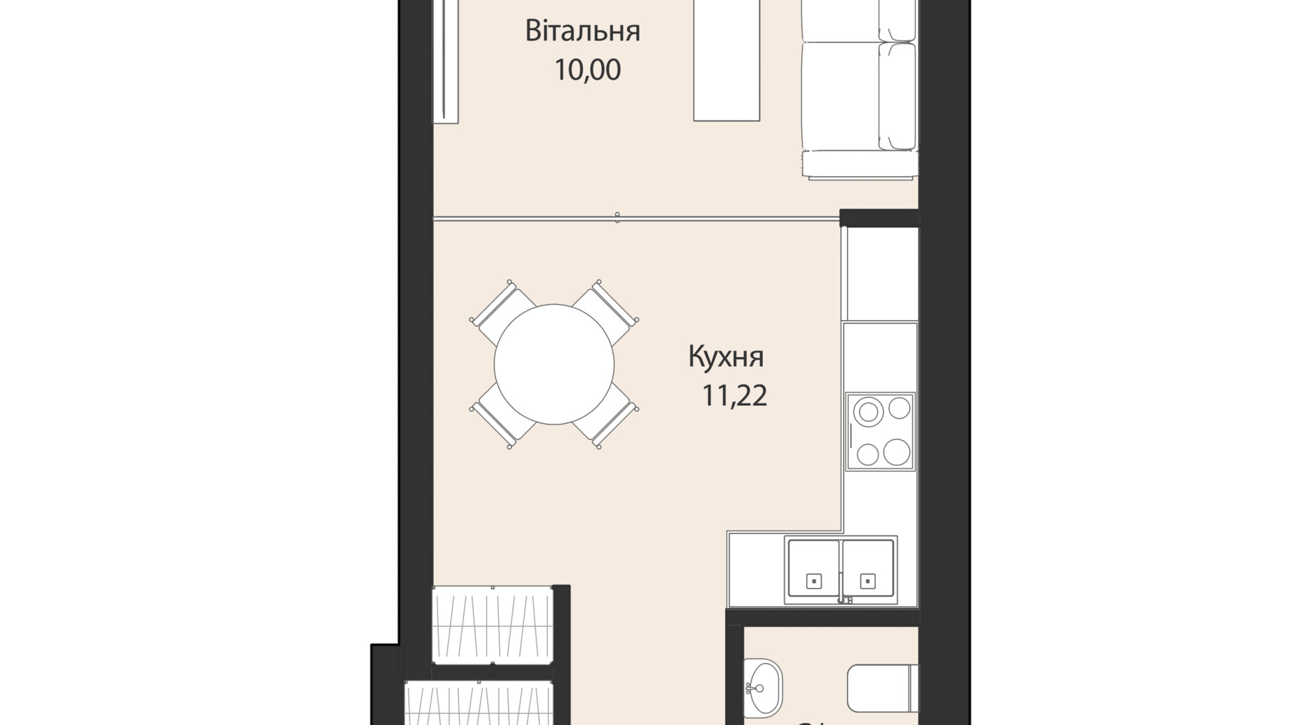 Планування 1-кімнатної квартири в Клубний будинок Лівобережний 32.9 м², фото 649404