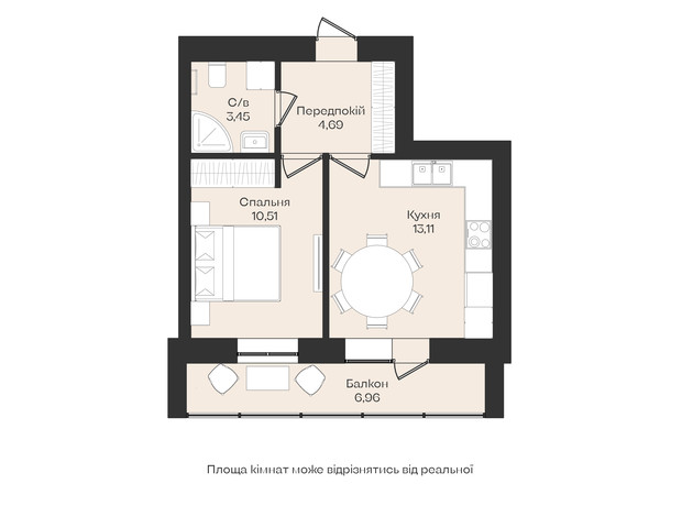 Клубный дом Левобережный: планировка 1-комнатной квартиры 41 м²