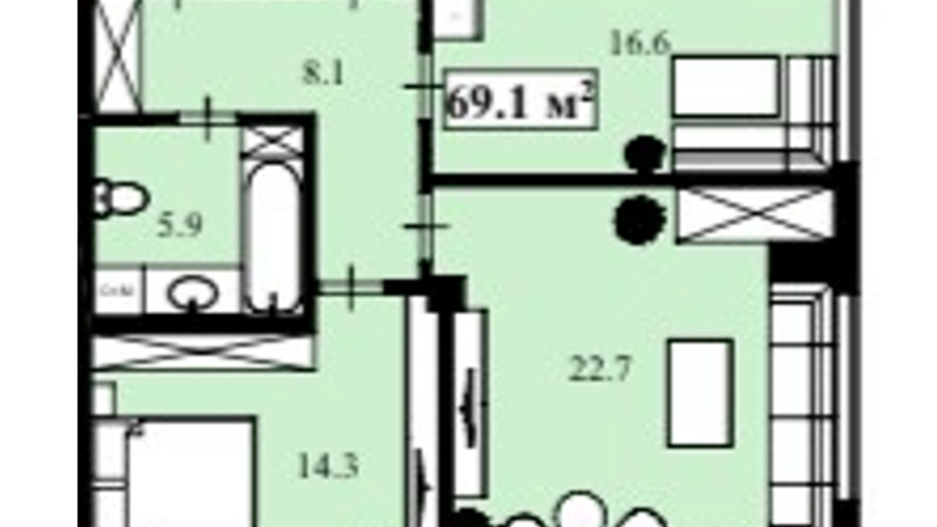 Планування 2-кімнатної квартири в ЖК Elegant 70 м², фото 649453