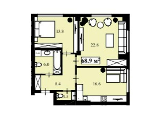 ЖК Elegant: планировка 2-комнатной квартиры 70 м²