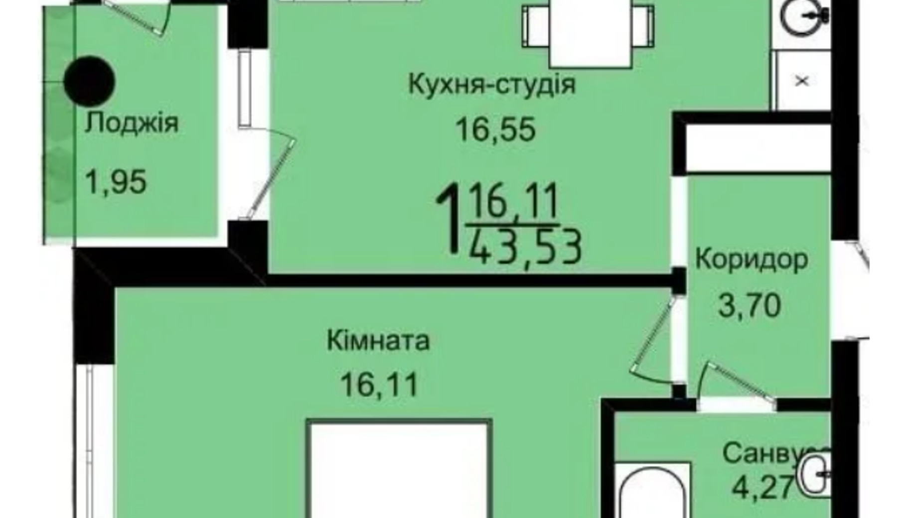 Планировка 1-комнатной квартиры в ЖК Family Residence 43 м², фото 649522