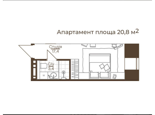 Апарт-готель Ahni moon resort: планировка 1-комнатной квартиры 20.8 м²