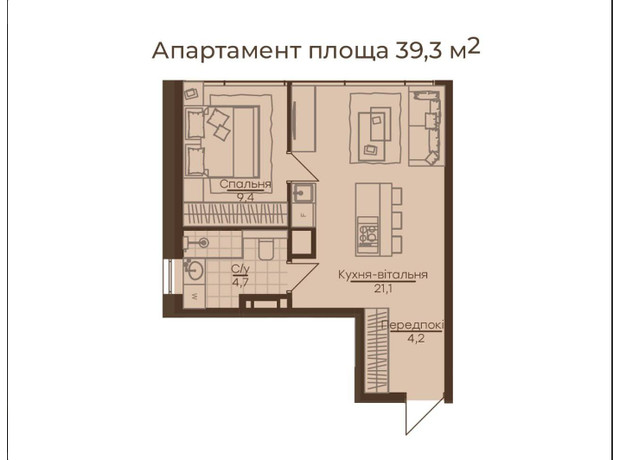 Апарт-готель Ahni moon resort: планировка 1-комнатной квартиры 39.3 м²