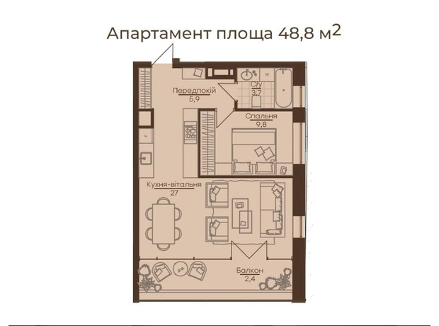 Апарт-готель Ahni moon resort: планировка 1-комнатной квартиры 48.8 м²