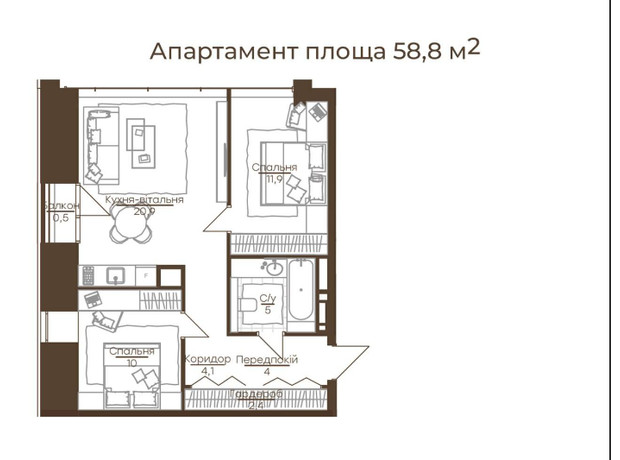 Апарт-готель Ahni moon resort: планировка 1-комнатной квартиры 58.8 м²