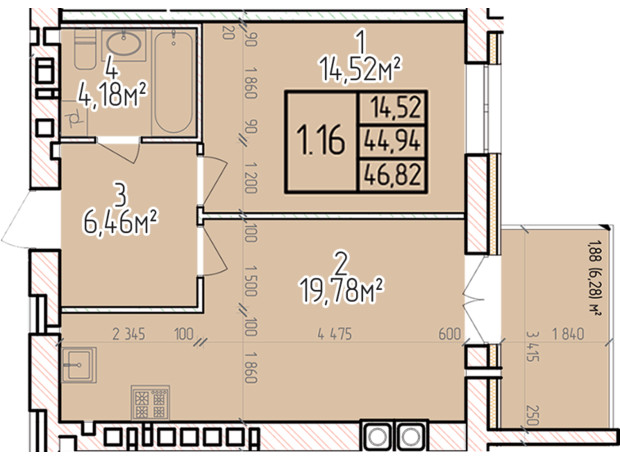 ЖК Велес: планировка 1-комнатной квартиры 46.82 м²