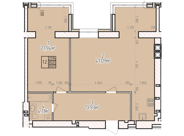 ЖК Велес: планування 1-кімнатної квартири 81.07 м²