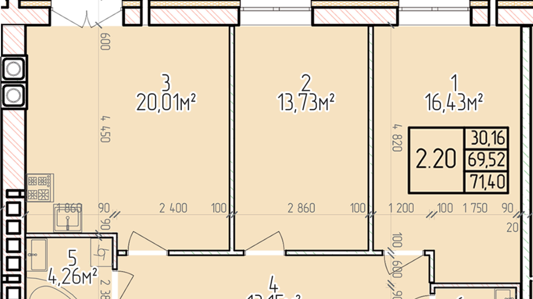Планування 2-кімнатної квартири в ЖК Велес 71.4 м², фото 649650