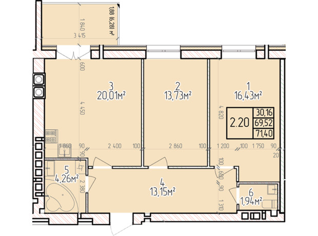 ЖК Велес: планування 2-кімнатної квартири 71.4 м²