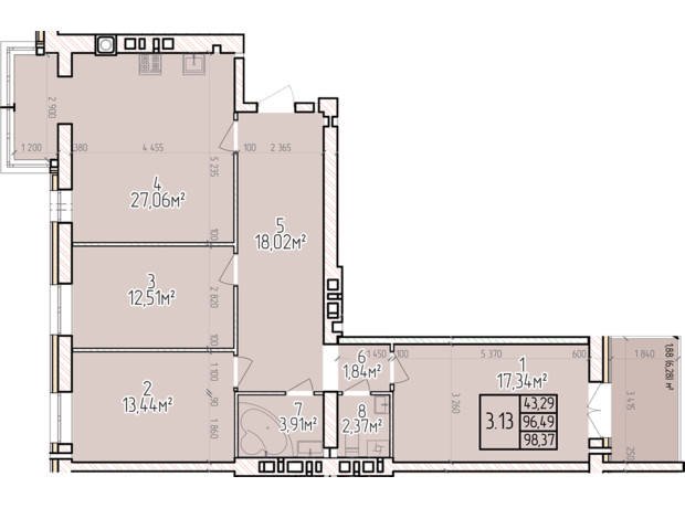 ЖК Велес: планування 3-кімнатної квартири 98.37 м²