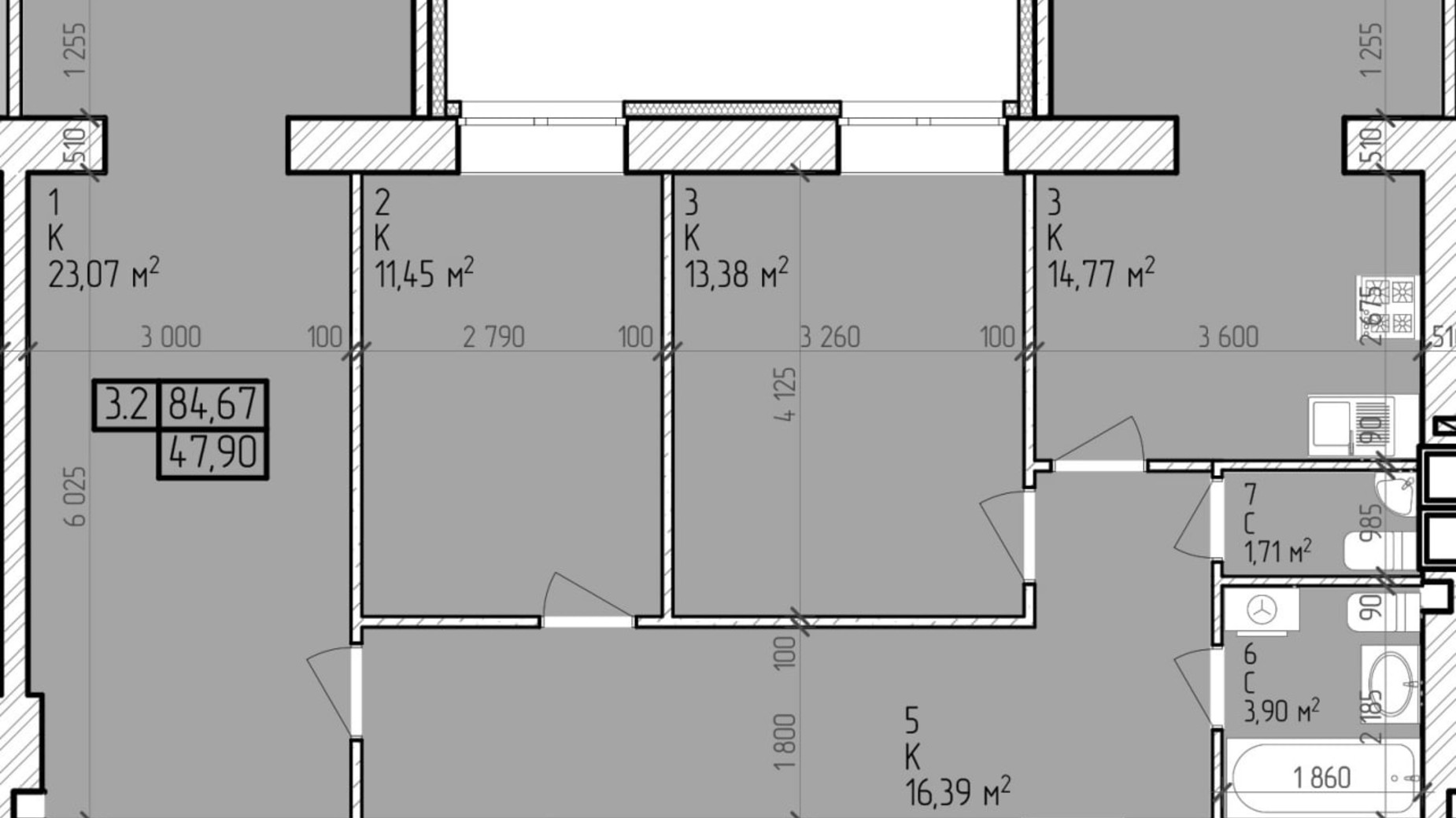 Планировка 3-комнатной квартиры в ЖК Центральный 84.67 м², фото 649755