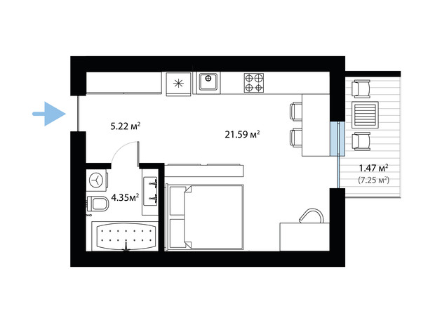 ЖК Sky City: планування 1-кімнатної квартири 32.63 м²