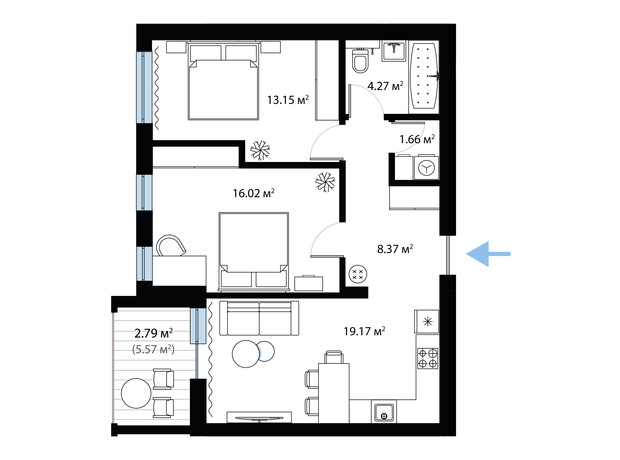 ЖК Sky City: планування 2-кімнатної квартири 65.43 м²