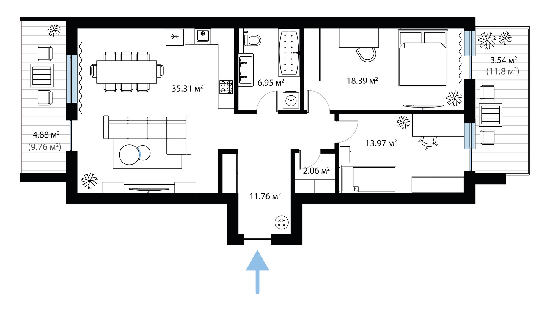 Планування 2-кімнатної квартири в ЖК Sky City 96.86 м², фото 649986
