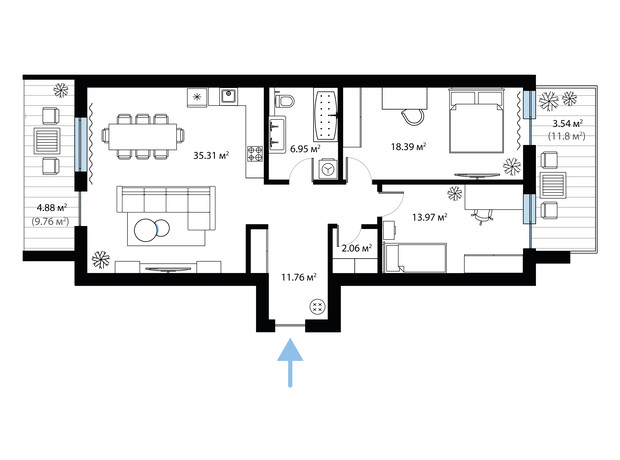 ЖК Sky City: планування 2-кімнатної квартири 96.86 м²